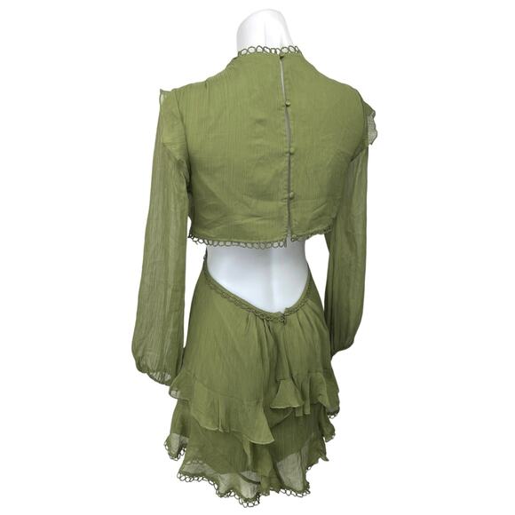 ASOS Design Green V-Neck Cutout Back Long Sleeve Ruffle Mini Fit & Flare Dress 6 - Picture 2 of 5